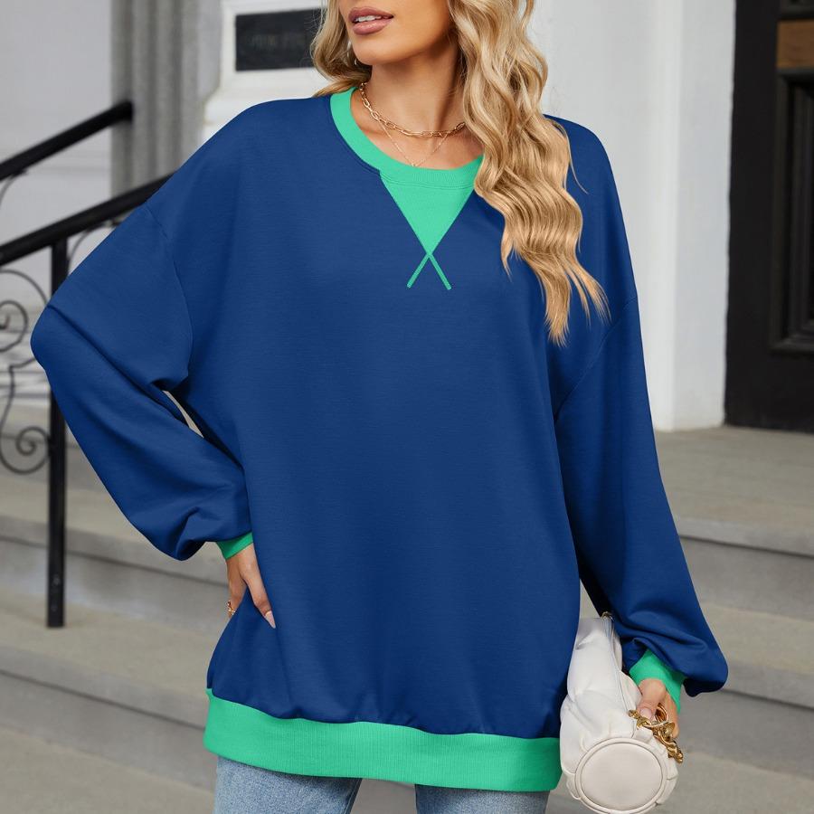 Jesień Zima Swetry i Bluzki z Długim Rękawem Damskie Kontrastowy Kolor Okrągły Dekolt Luźna Bluza Plus Size