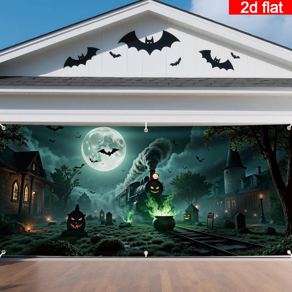 2D door flag, 1 scary Halloween garage door flag, spooky night scene with haunted house and train, glow-in-the-dark bats