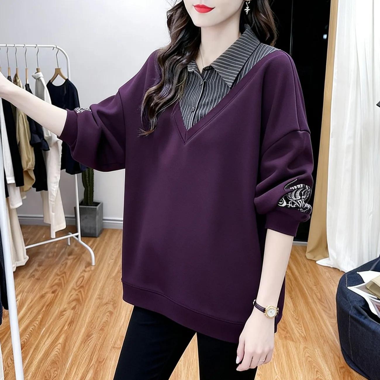 

Korean Mid-length Sweatshirt with Striped Button Splicing Design Autumn and Winter Long-sleeved Plus Size Top Trendy L фиолетовый