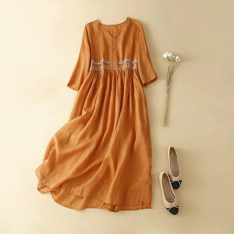 

Женское летнее дизайнерское литературное элегантное длинное платье с круглым вырезом, вышитые платья из хлопка и льна M