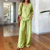 Women'S 2 Piece Linen Outfits V Neck Long Sleeve Pullovers Shirt Top And Wide Leg Pants Set Casual Loungewear Vacation Tracksuit