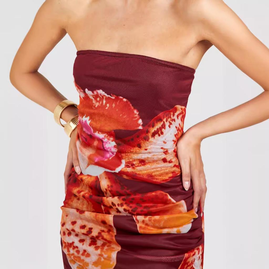 Damska Obcisła Bez Ramiączek Seksowna Sukienka Bez Rękawów Siateczkowa Plisowana Z Nadrukiem