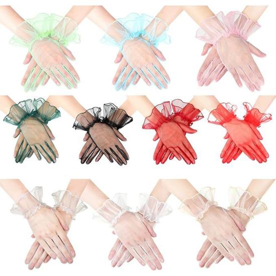 Damer Rynkade Tyllhandskar Genomskinliga Handledshandskar Retro Stil Bröllop Brud Korta Handskar för Bal Kväll Cosplay Fest Scenkostym
