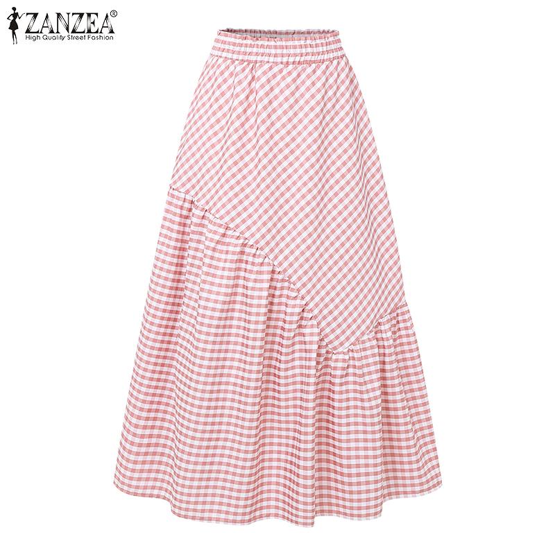 ZANZEA Women Casual Elastic Waist Loose Grid Print Skirts