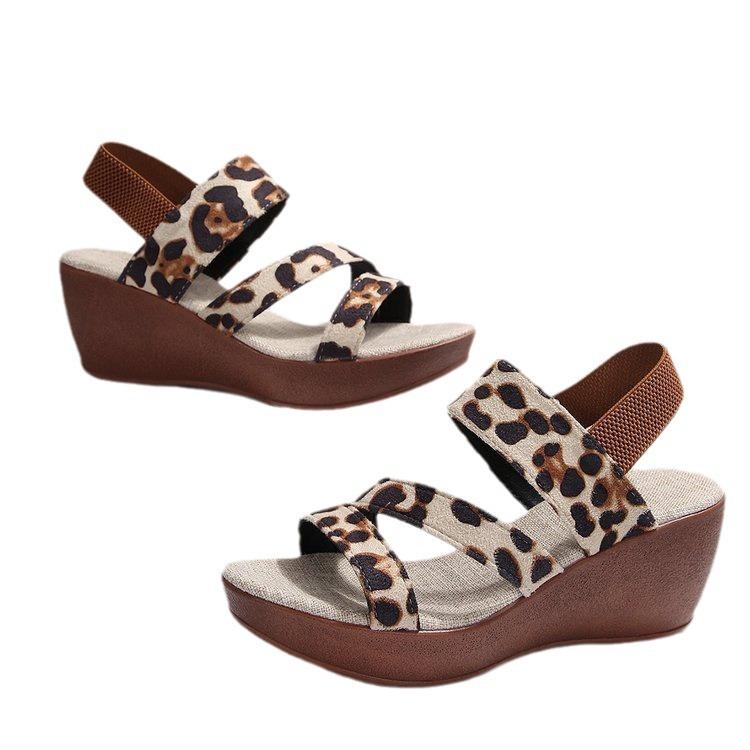 Large size one-word sandals with fish mouth summer new leopard print platform out beach sandals women