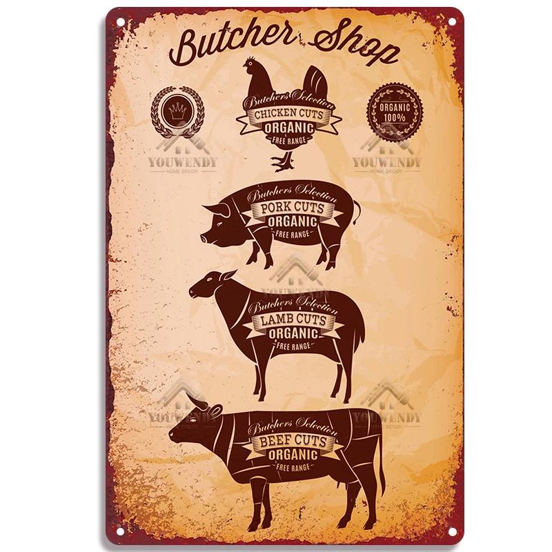 The Butcher's Guide Vintage Metal Signs, Kitchen Poster Cuts of Beef, Pork, Duck, Fish, Shop Wall Decor, Tin Sign, 20x30cm