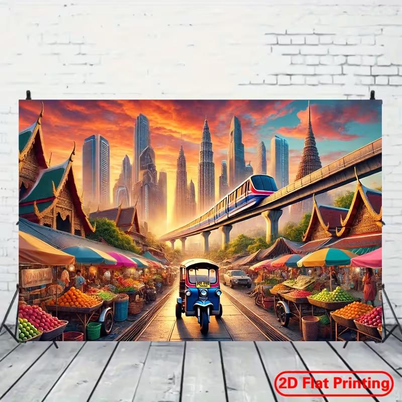 Colorful Bangkok Street Tapestry, Bustling Market with Tuk-tuk, Skytrain and Traditional Temples, Vibrant Thai Cultural Wall Art