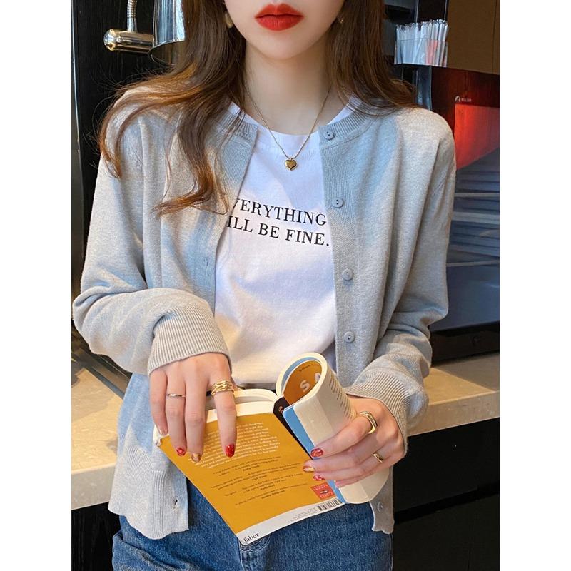 

Модная трикотажная куртка-кардиган с круглым вырезом для женщин, весенне-осенний свитер 2025, элегантный новый повседневный простой свободный топ с длинным рукавом, одежда One size