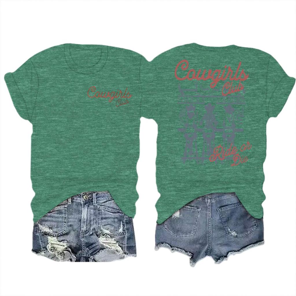 Unisexs Western Cowgirl Club Graphic Tee Casual Crew Neck Short Sleeve Tshirt With Cowgirl Letter Design Streetwear Female Tops
