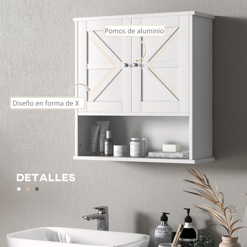 Wall-Mounted Bathroom Cabinet Rustic Hanging Bathroom Furniture with Compartment Adjustable Shelf 2 Doors White