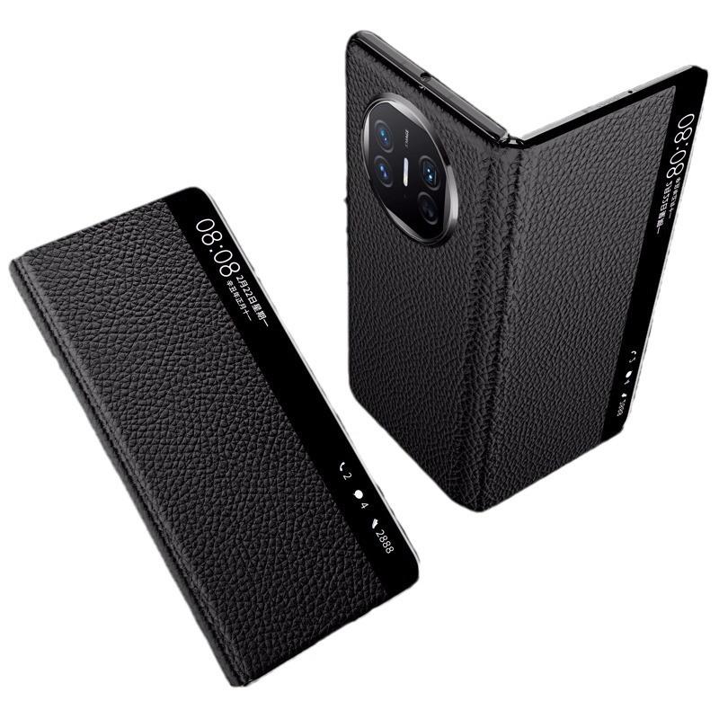 Luxury Genuine Leather Smart Window Protective Case For Huawei Mate X6 X5 X3 Collection Version Clamshell Folding Cover