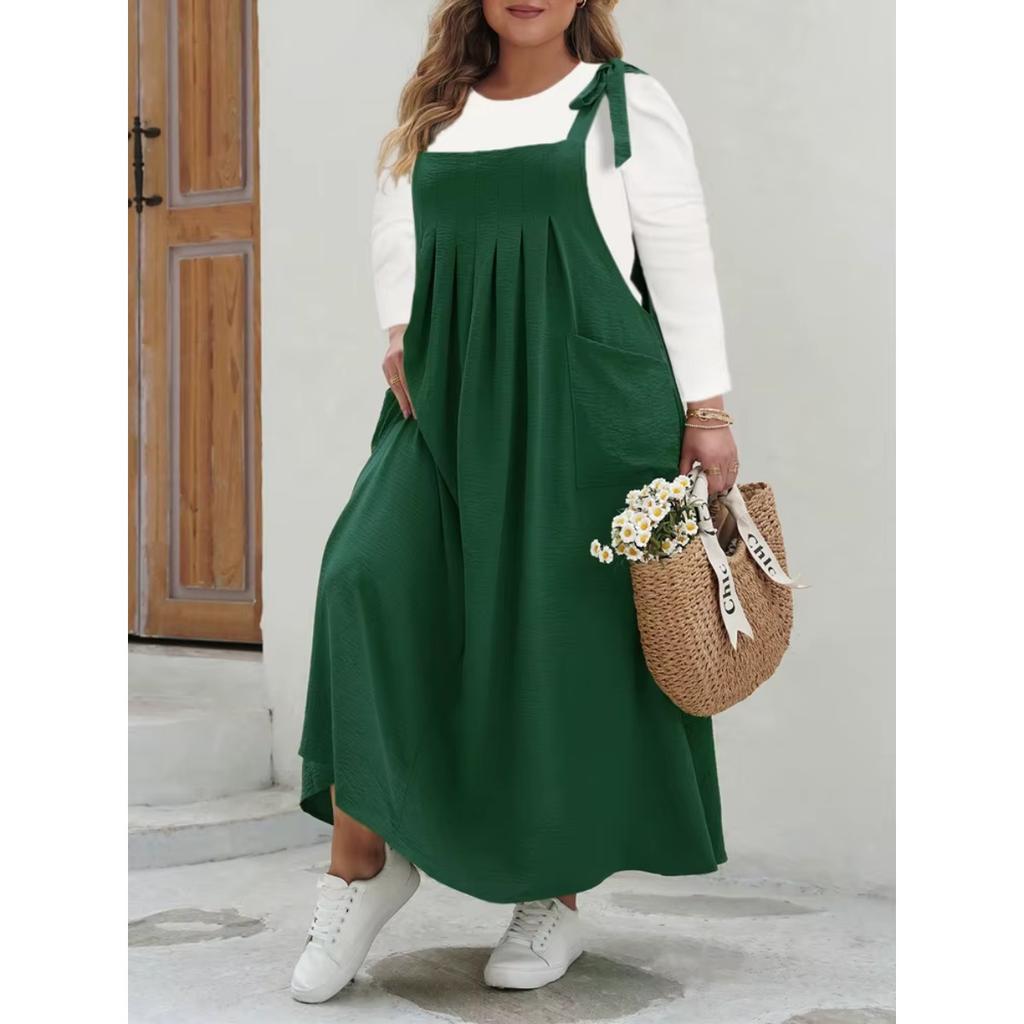 Plus Size Solid Tie Shoulder Overalls Dress For Women  Summer Casual Loose Sleeveless Maxi Long Dresses with Pockets