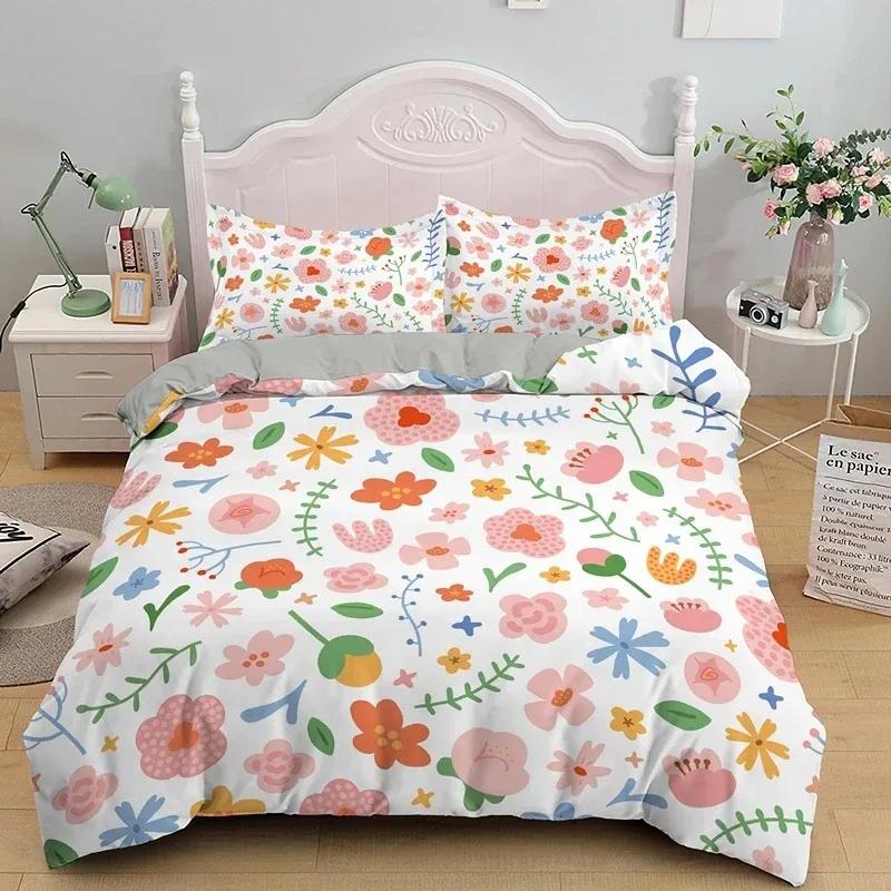 Blühende Blumen King Queen Bettbezug Rote Granatapfelblüte Bettwäscheset für Frauen Lieblich Floral 2/3-teilig Polyester Steppdeckenbezug