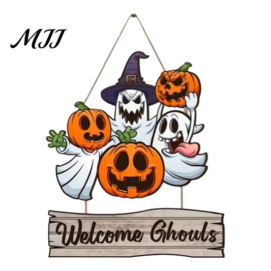 Thick Wood Halloween Plaque Happy Door Sign for Front Door, Wooden Ghost Pumpkin Hanging Hanger Plaque, Spooky Welcome Wreath Tree, Wall, Party