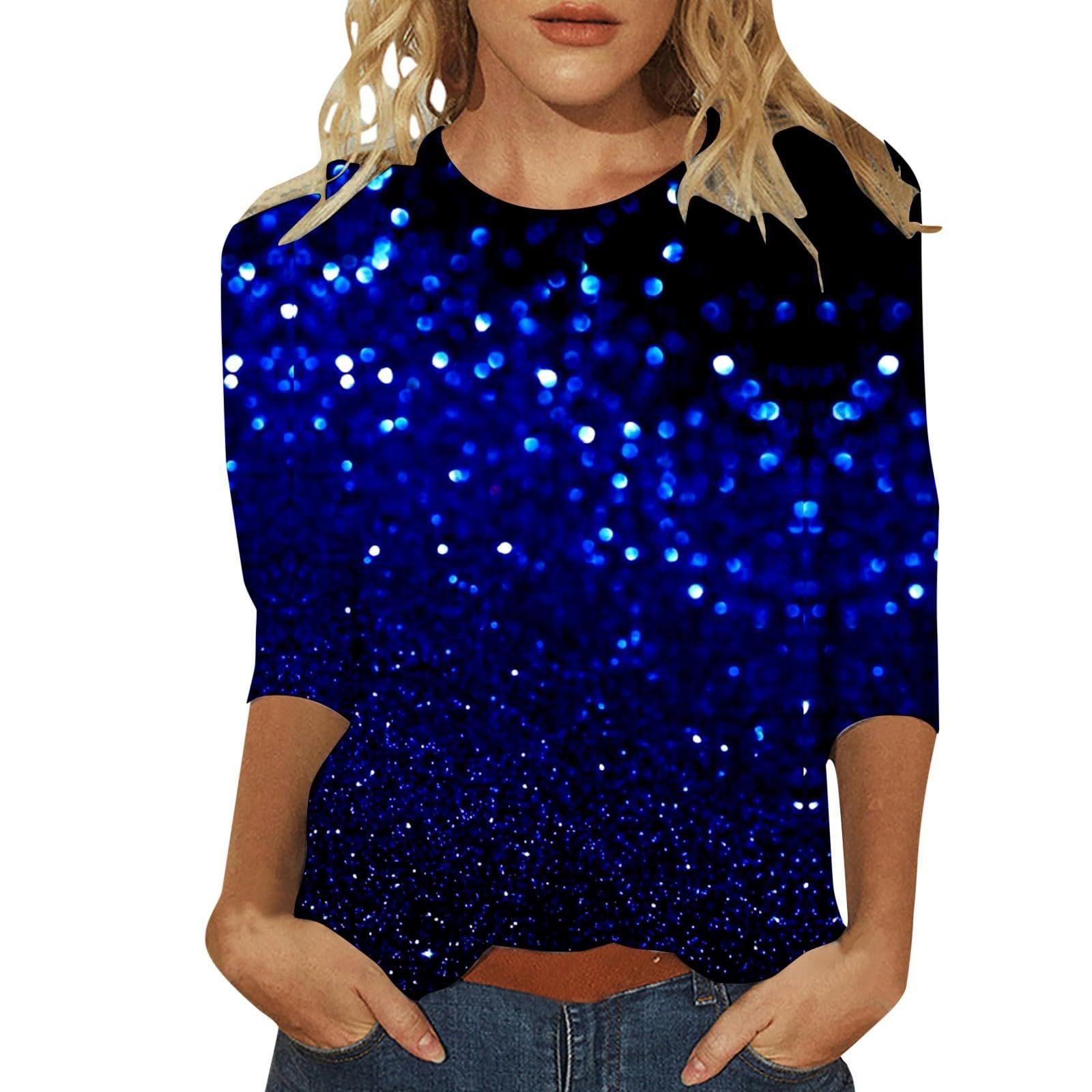 

Весенне-осенние женские футболки с круглым вырезом, с блестящим узором и 3D-принтом, модные повседневные с длинным рукавом 5XL
