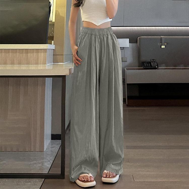 Ice Silk Womens Casual Wide Leg Pants Loose Solid Color Wrinkled