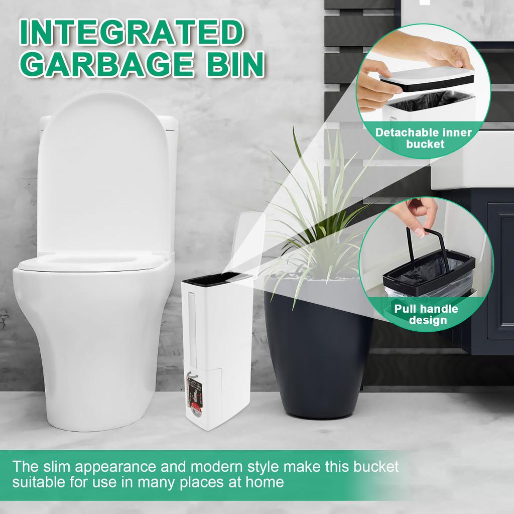 Slim Trash Can Narrow PP Integrated Toilet Brush Waste Bin with Flip Lid Draining Design for Bathroom Narrow Spaces Garbage Bin