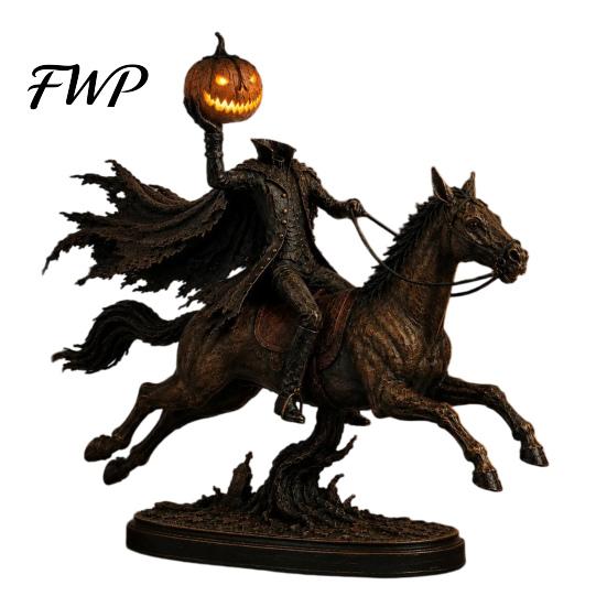 Harz-Handwerk im Vintage-Stil, beleuchtete kopflose Reiterstatue, leuchtendes Reitpferd, warme saisonale Gothic-Dekorationen, leuchtende LED-Kürbiskopf-Skulptur
