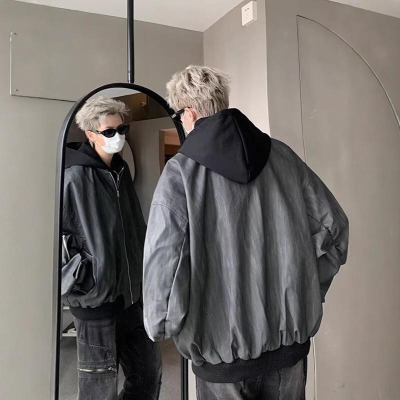 European and American hiphop fake two-piece coat men's spring and autumn trendy brand ruffian handsome hooded baseball jersey bomber jacket leather ja