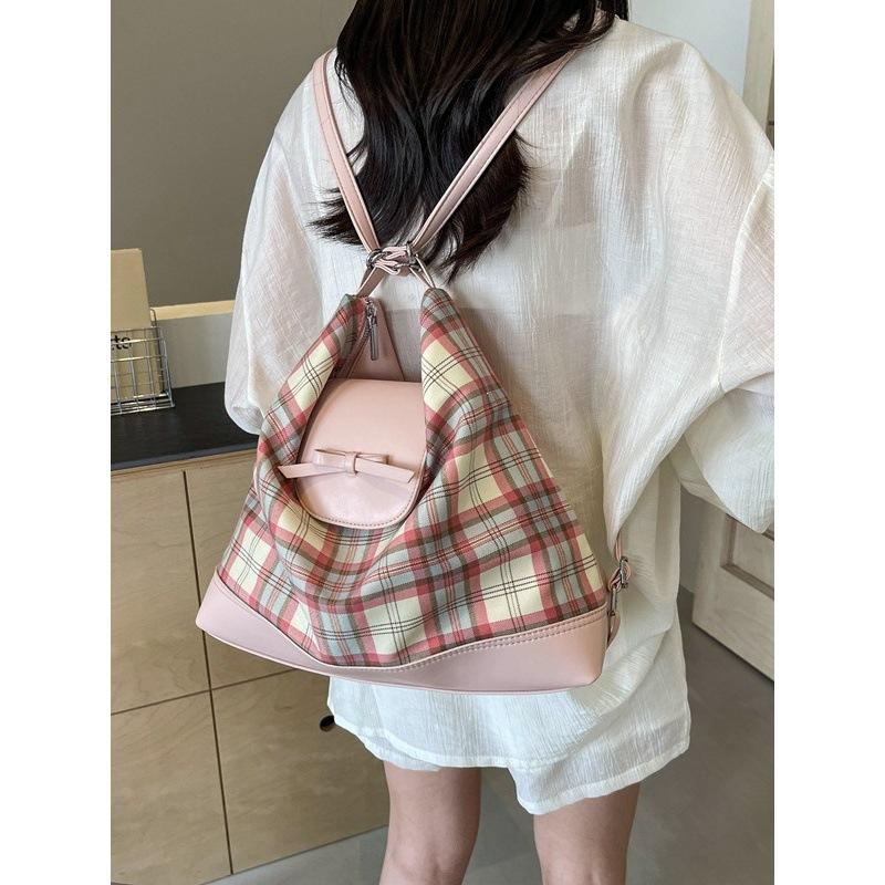 Japanese college style backpack bag women's 2025 new summer plaid commuter tote bag large-capacity shoulder bag