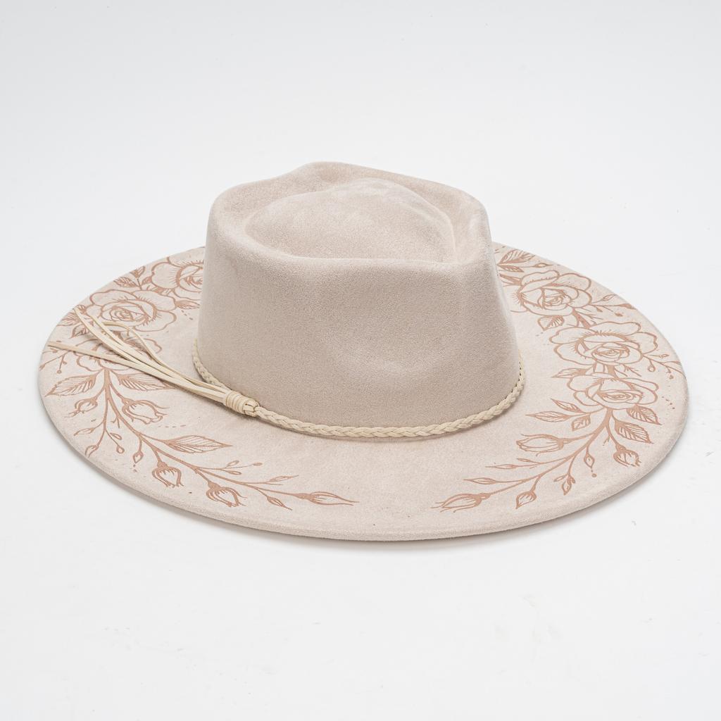 Source laser engraved suede top hat, rose pattern engraved woven fringed western cowboy hat