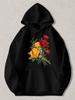 Black Pullover Hoodie with Vibrant Red And Yellow Rose Floral Print Long Sleeve Sweatshirt with Kangaroo Pocket Casual Streetwear
