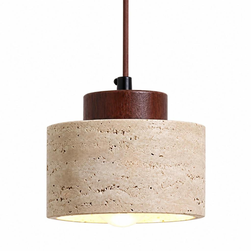 Pendant Lamp with Wooden Top Rustic Minimalism Stone Organic Lighting Fixture for