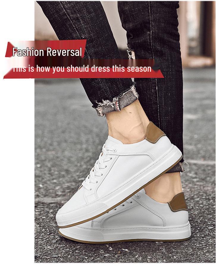 Men's Spring Breathable White Leather Trendy Versatile Board Shoes