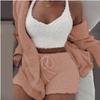 Women's Loose Fit Three Piece Loungewear Long Sleeve Fuzzy Cardigan V Neck Tank Drawstring Waist Shorts Winter Solid Tracksuit