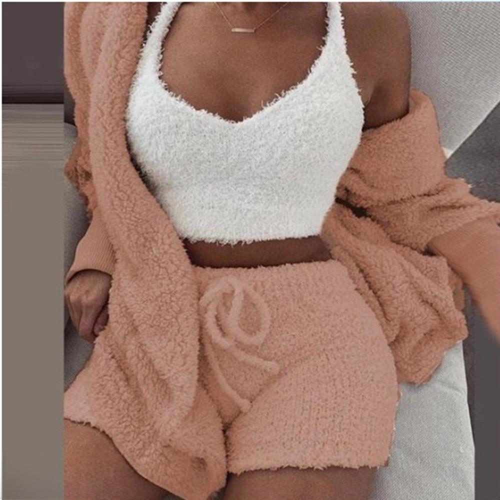 Women's Loose Fit Three Piece Loungewear Long Sleeve Fuzzy Cardigan V Neck Tank Drawstring Waist Shorts Winter Solid Tracksuit