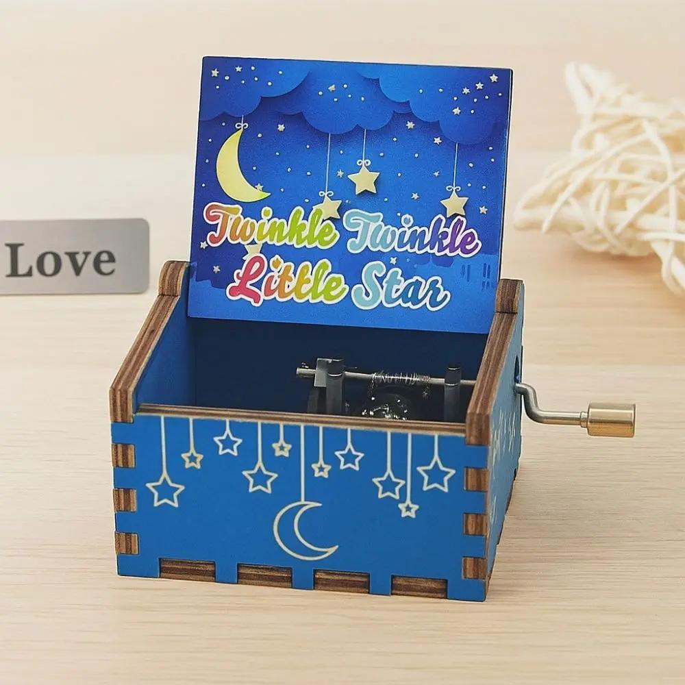 New Star Wooden Music Box Happy Birthday Hand Crank Carved Musical Box Blue Classical Light Luxury Music Gifts Birthday Gifts