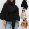 Women's Batwing Sleeve Wool Poncho Coat Stand Collar Cropped Cape Jacket with Belt Fall Winter