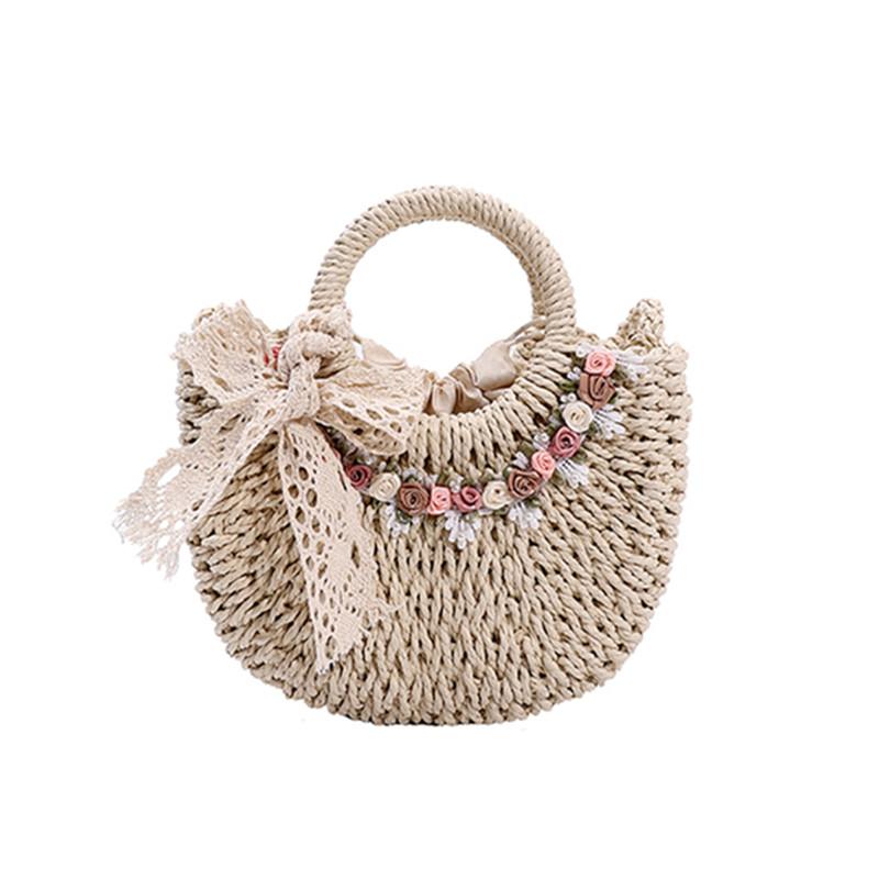 

Новая летняя соломенная сумка ручной работы для женщин, пляжная плетеная женская сумка-тоут с дизайном в форме луны и цветком через плечо