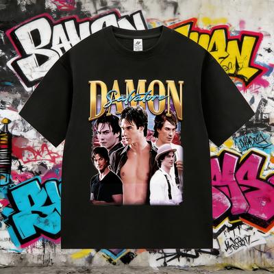 Verano 2025 Patrón de Drama de TV de Damon Salvatore IanSomerhalder para Mujer Camiseta Estampada de Algodón 100% Puro Gótico Retro Oversize