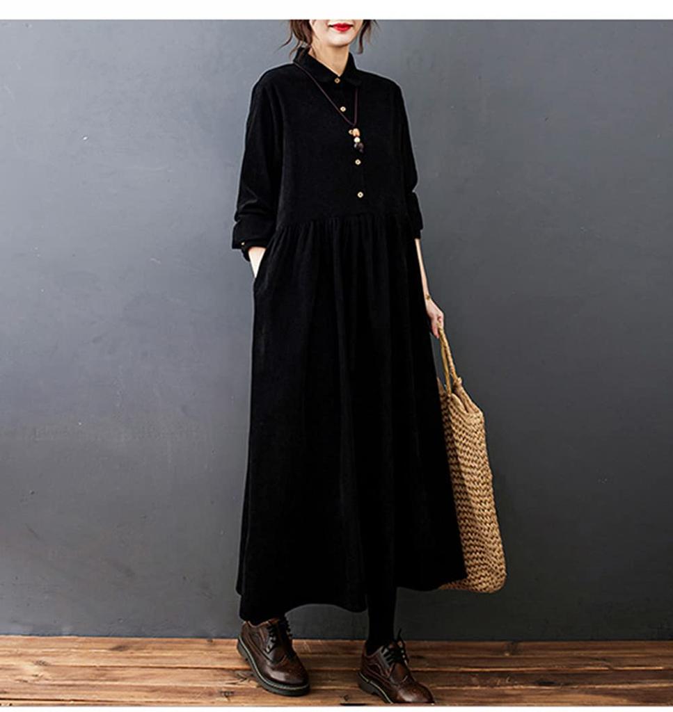 Corduroy Shirt Loose Long Maxi Plus Solid with Pockets 6 [YYQ-SHOP] Women's Dress, Fit, Sleeves, Length, Spring, Autumn, Winter, Sizes, A-Line,