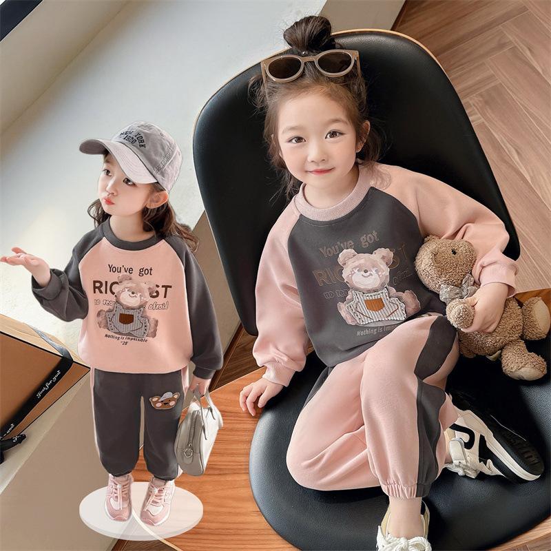 Girls Spring Fashion Cute Bear Sports and Leisure Suit  Children's Baby Girl Two-piece Suit