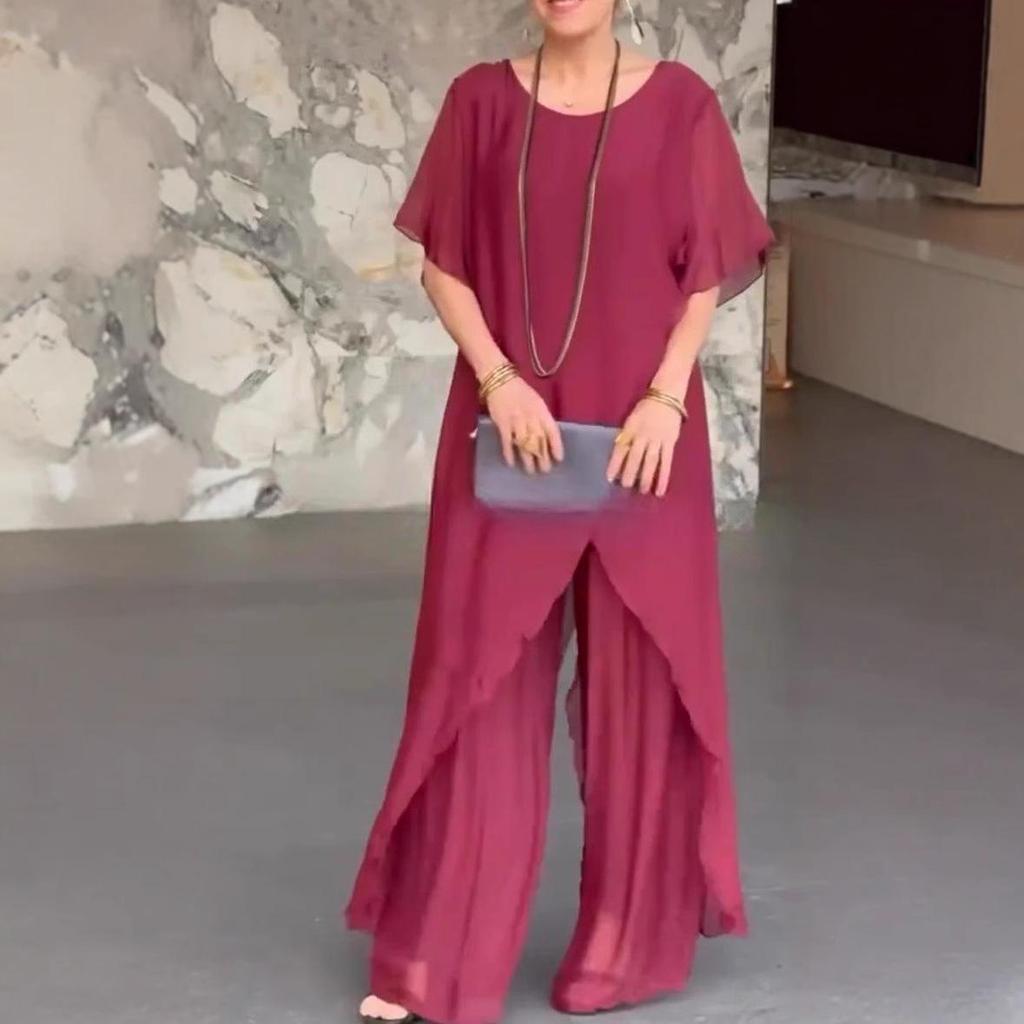 Damen 2025 Europäischer & Amerikanischer Chiffon Locker Unregelmäßig Langes Oberteil & Hosenanzug