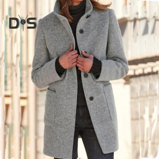 Abrigo de otoño-invierno para mujer, cuello alto, grueso, cálido, suave, largo medio, color liso, bolsillos, botonadura sencilla, abrigo grueso para mujer