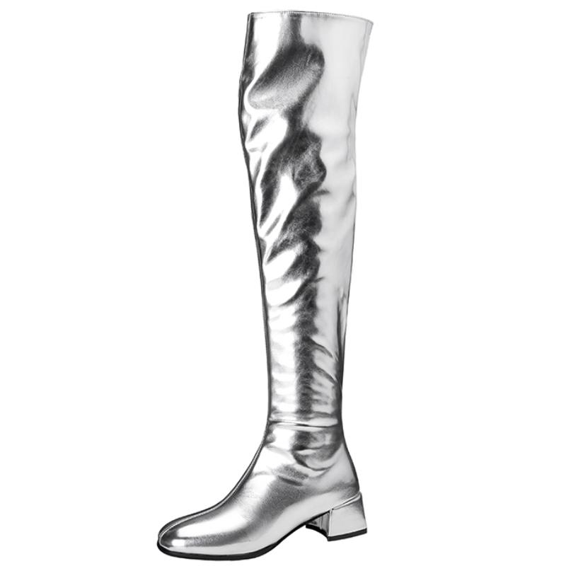Sexy Women's High Boots Luxury Low Heels Over-the-knee Boot Patent Gold Silver Long Footwear Winter Shoes Lady Large Size 46