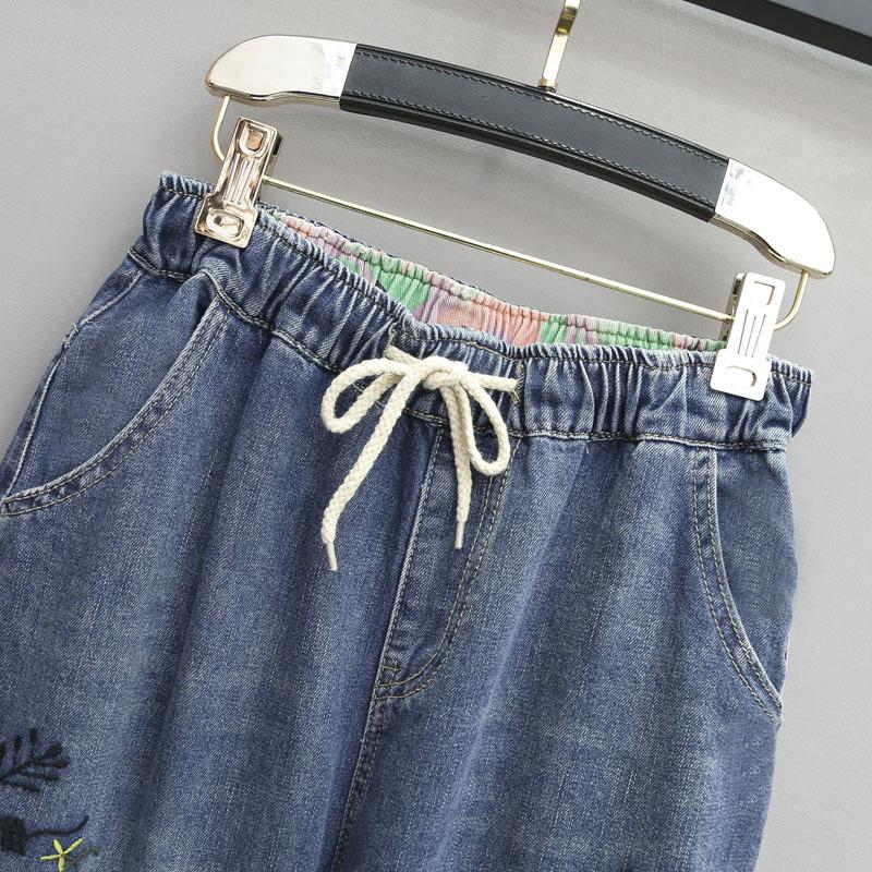 Women Fashion Korea Style Cartoon Cat Embroidery Baggy Elastic Waist High Waist Denim Cropped Pants Female Harem Jeans