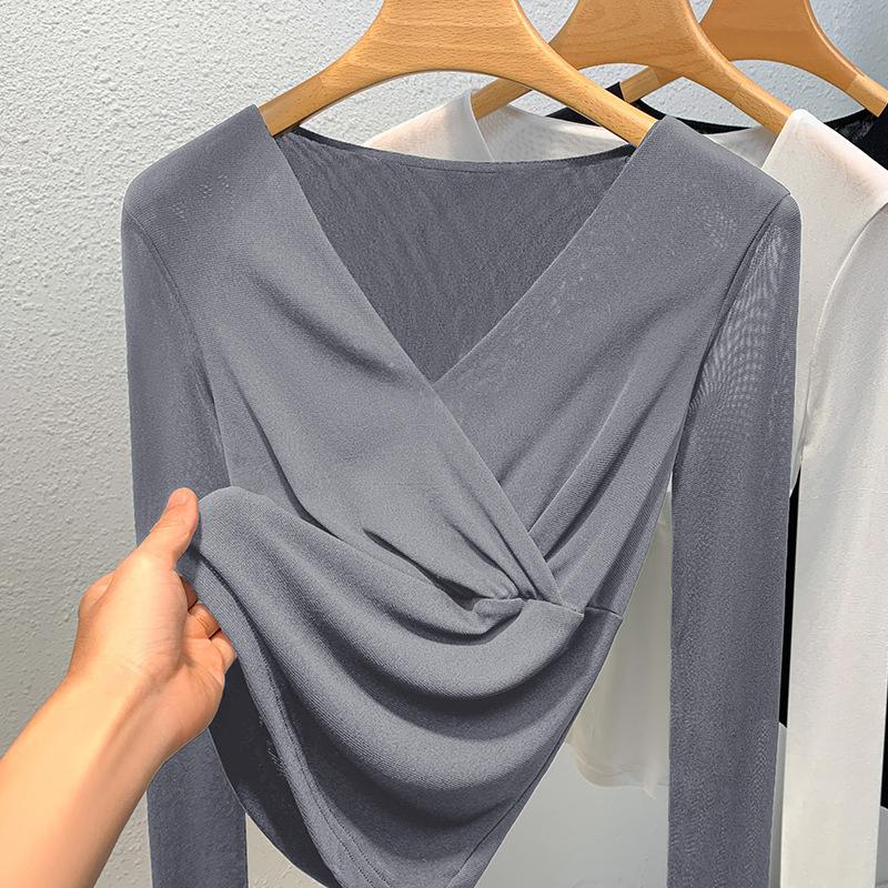 Cross V-neck Mesh Base Shirt for Women In Spring and Autumn New Tight Long-sleeved T-shirt for Women In Women's Unique Waist-hugging Shirt