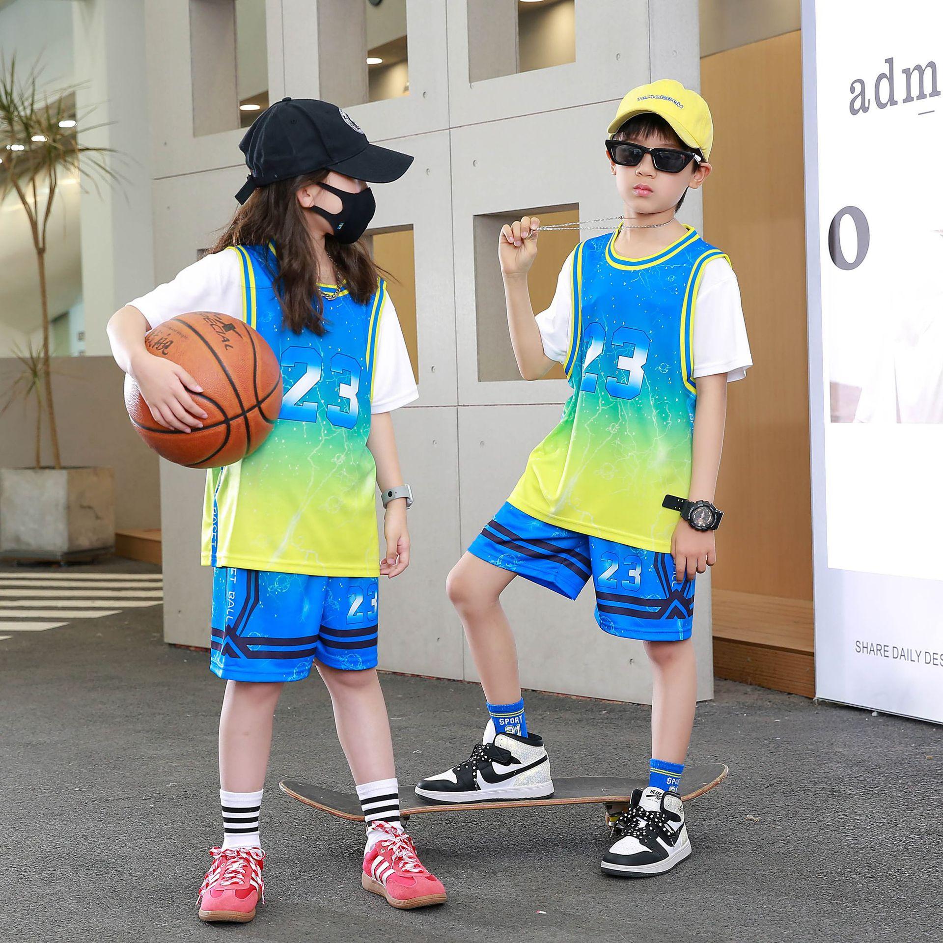 

Children s No. 23 jersey set, short-sleeved T-shirt, basketball jersey, fake two-piece performance jersey, children s jersey, student training jersey. 30 (height 160-165cm) жовтий