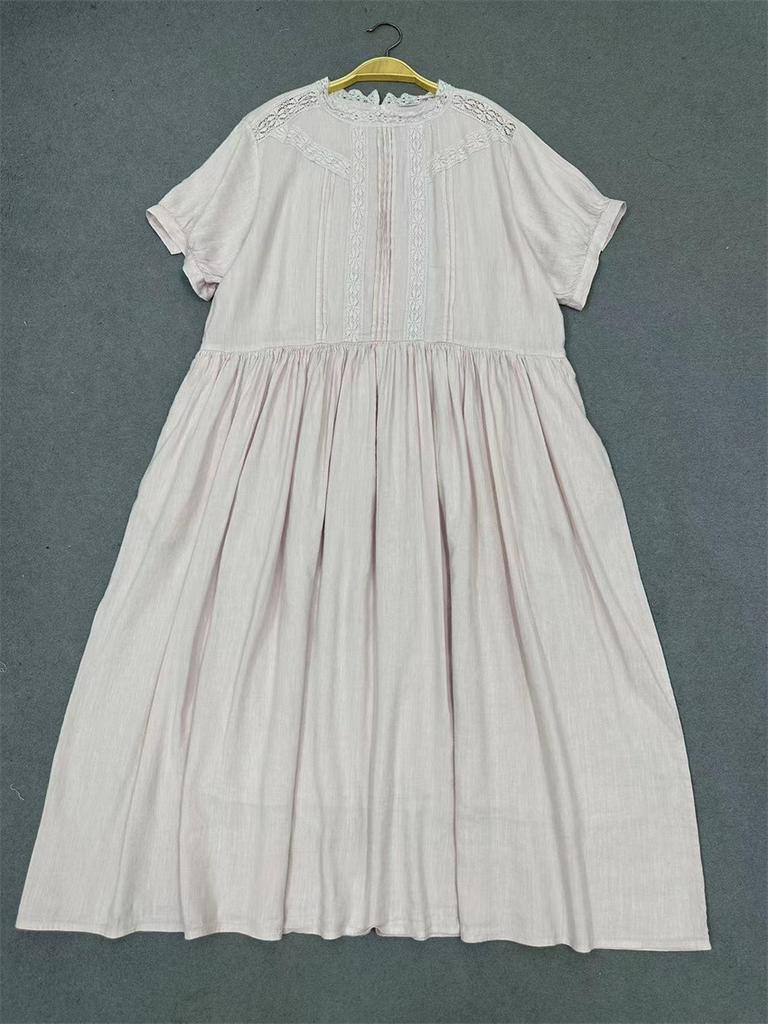 Johnature Summer Palace Style Loose Waist Patchwork Lace Dress Women Vintage Solid Color Ruffles Dresses