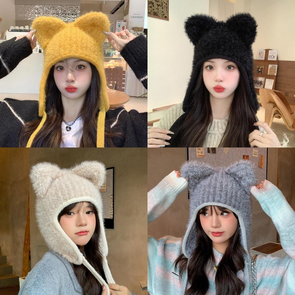 Style Knit Hat For Women With Plush Bear Ears Warm Winter Beanie For Casual Fashion