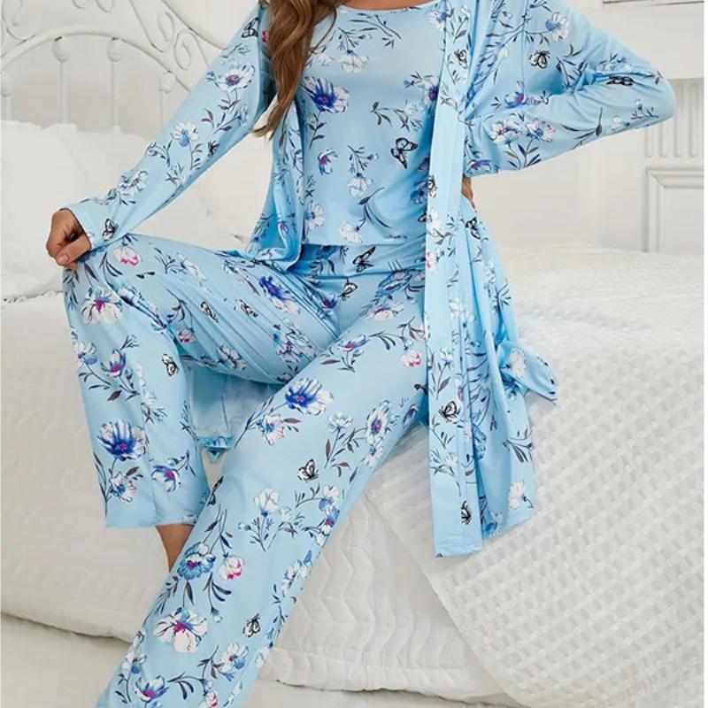 A Three-piece Set of Home Pajamas Bathrobes Long Pants Halter Tops and Nightgowns