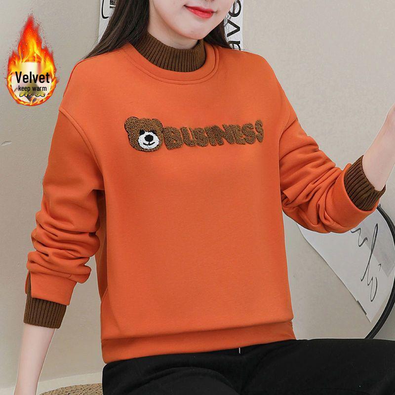 Plus Size Women's Fleece-Lined Bear Sweatshirt, Faux Two-Piece, Loose Fit, Slimming Round Neck, Autumn/Winter Jacket