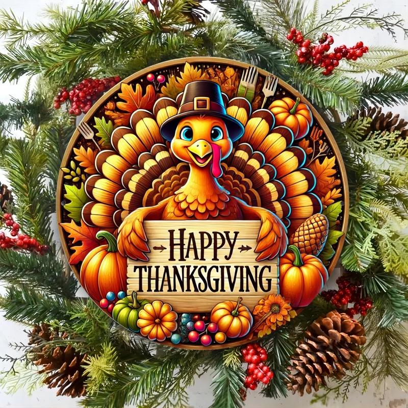 Happy Thanksgiving Turkey Round Metal Tin Sign D Flat Printing Fall Harvest Wall Plaque For Home Decor