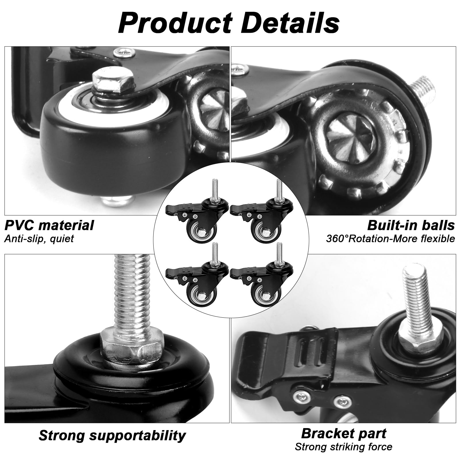 

4pcs 40mm Swivel Castors with Brake - M8 Threaded Screw & Ball Bearings for Furniture/Office чёрный
