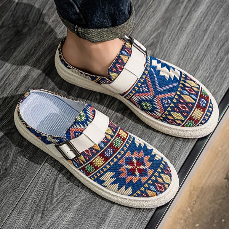 2026 Autumn Men's Breathable Retro Print Design Casual Half Slippers Fashi Trend Comfortable Versatile Shallow Mouth Draggers