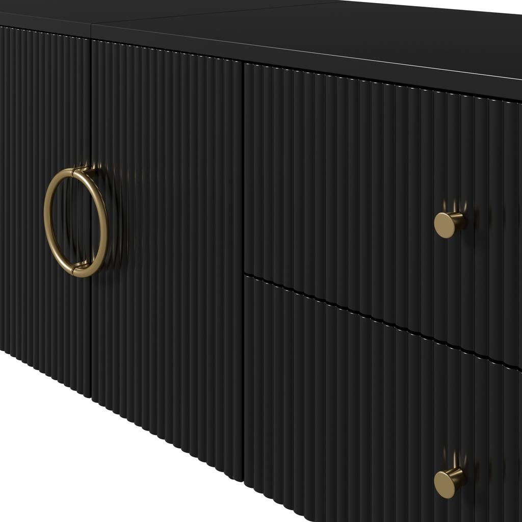 TV Cabinet, Lowboard, Three-Dimensional Wave Structure, Rounded Edges, MDF Carcass, Aluminum Handles, Iron Feet, Fixed Shelf, Cable Grommet